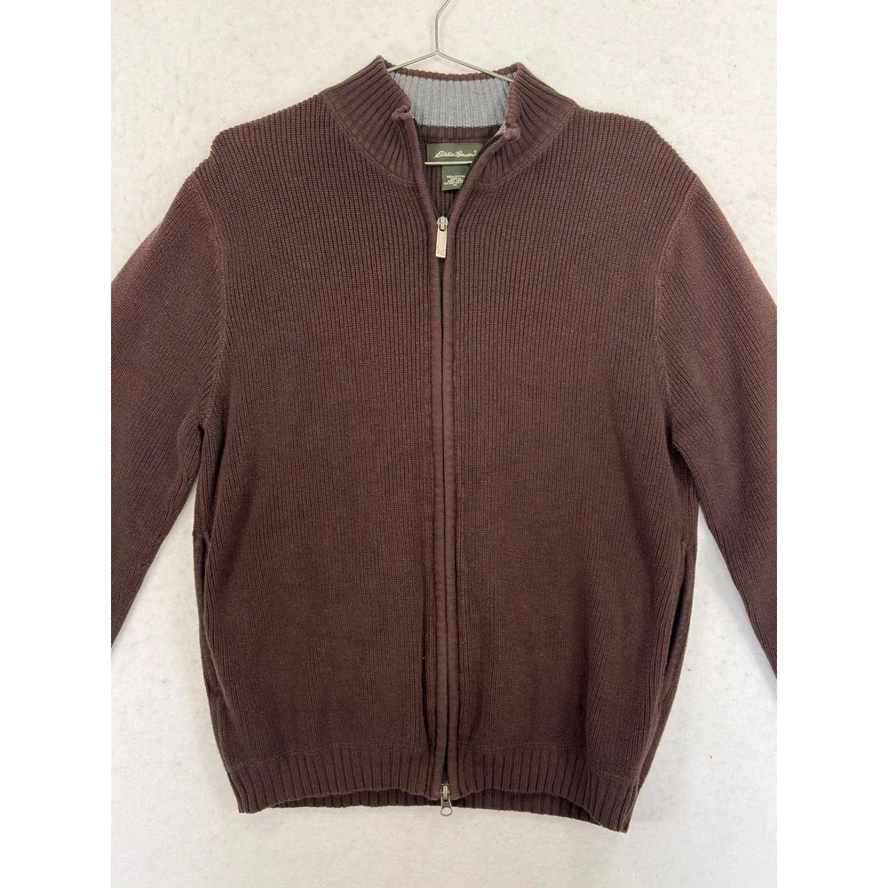 Vintage Eddie Bauer Mens Brown 100% Cotton Rib Knit Full Zip Sweater Hong Kong M